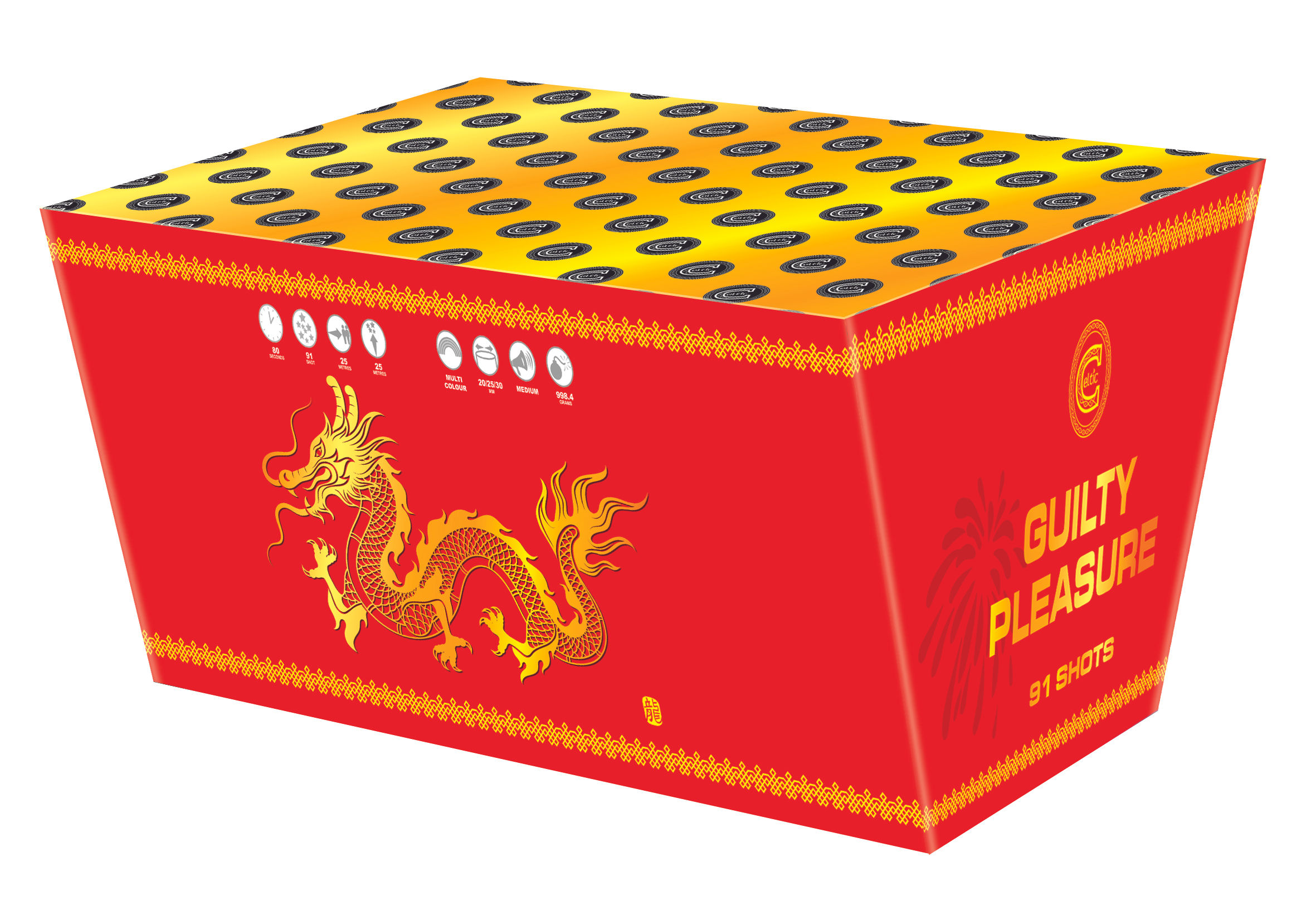 Celtic Fireworks GUILTY PLEASURE- 91 Shot LOW NOISE Barrage FAN Cake