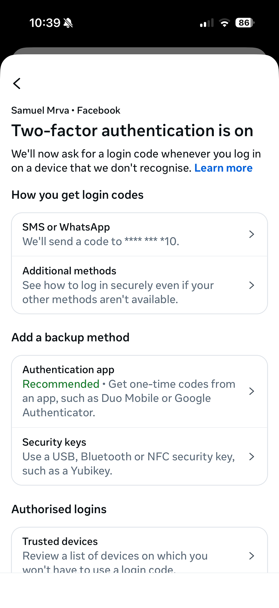 Facebook phone settings Two Factor authentication is on