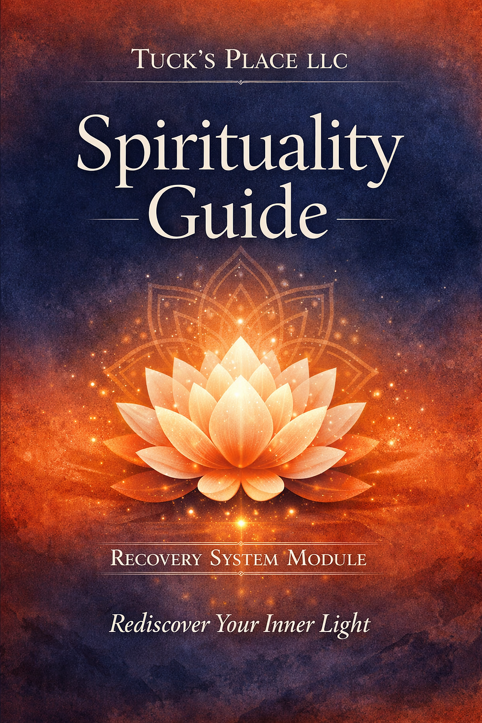 Spirituality Guide cover art, warm orange and deep blue gradient background with a glowing lotus, elegant serif text, portrait book cover, landscape crop for card.