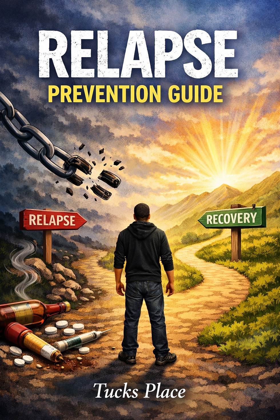 Relapse Prevention Guide cover art, landscape book cover with a person standing at a forked path between relapse and recovery, dramatic sky, strong contrast, landscape aspect ratio.