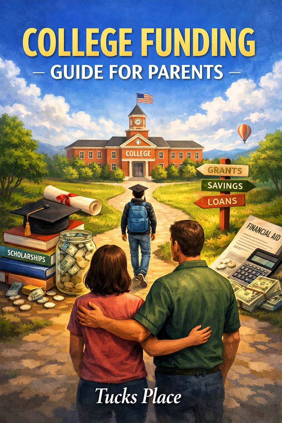 College Funding Guide cover art, parents and student walking toward a college building, financial aid imagery, bright colors, portrait book cover, landscape crop for card.