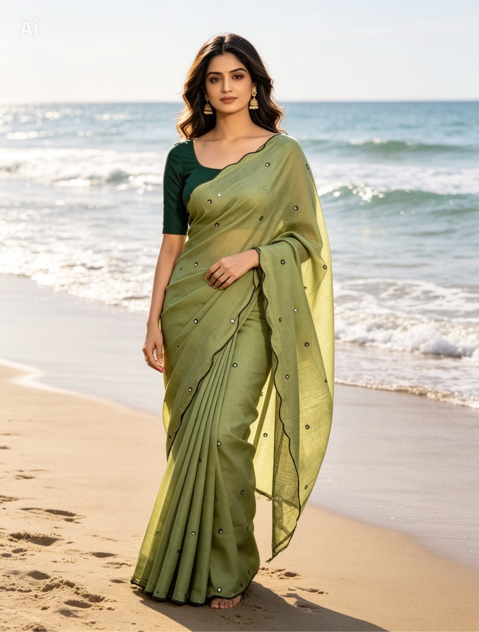 Sari traditionnel vert avec détails miroir
