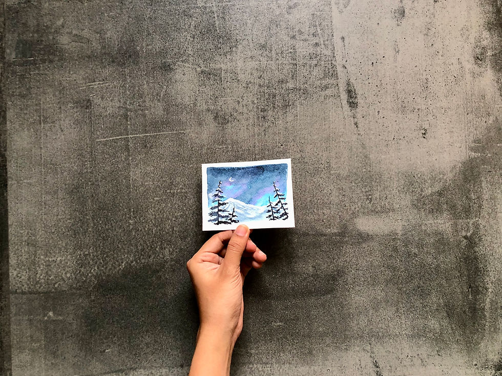 Snowy night watercolor landscape