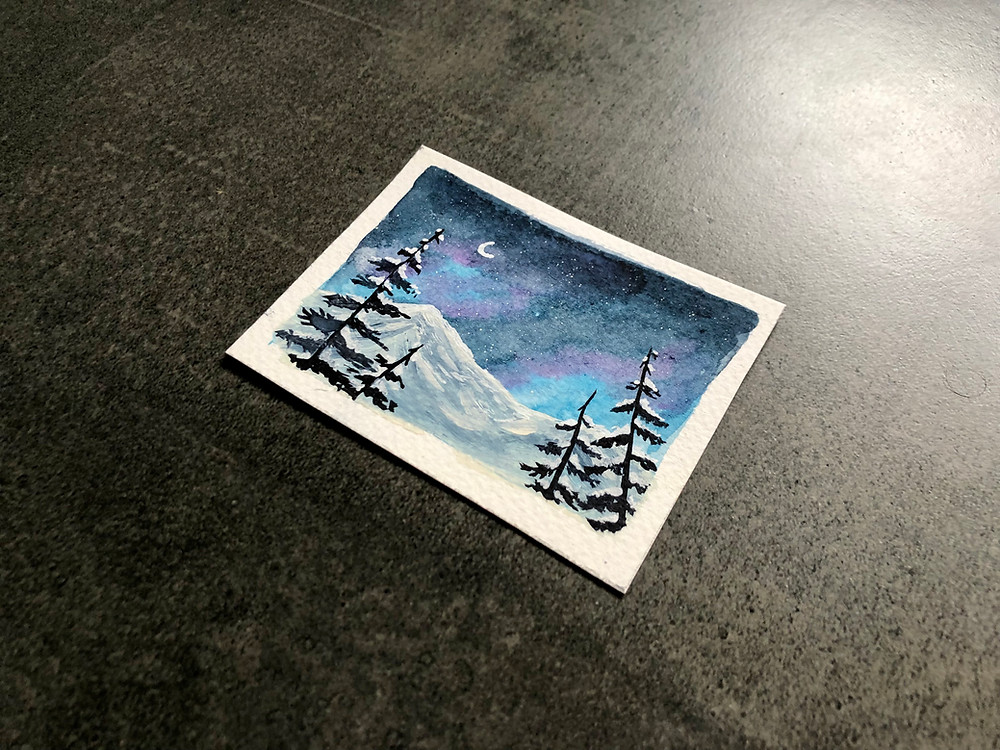 Snowy night watercolor landscape