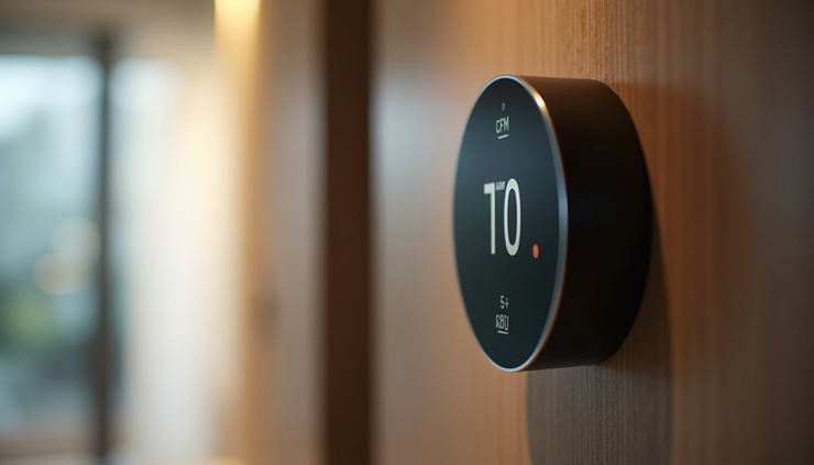 Close-up view of a hotel room thermostat with a sleek, minimal design