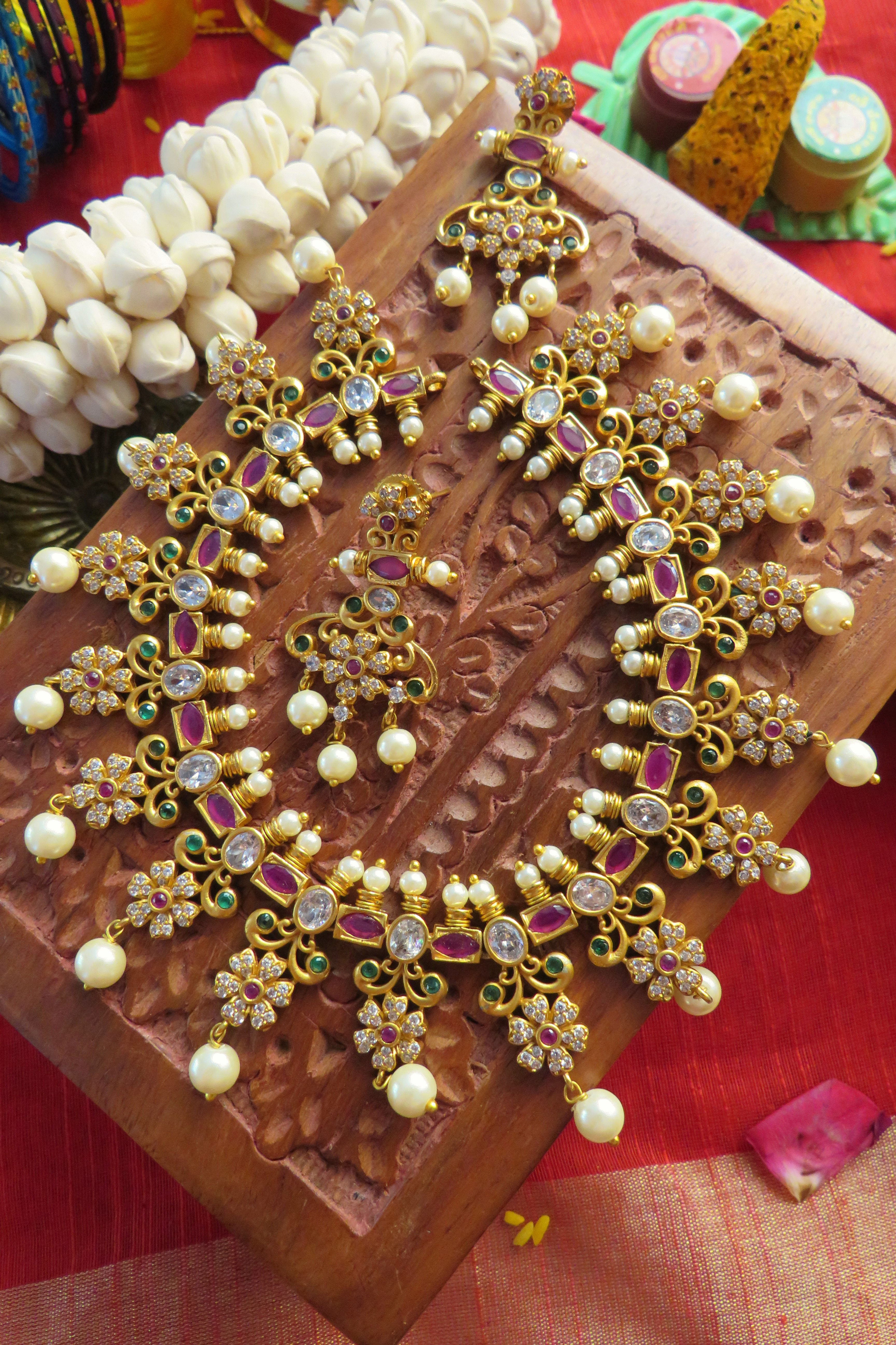 Simple White and Red Stone Necklace with Matching Earrings