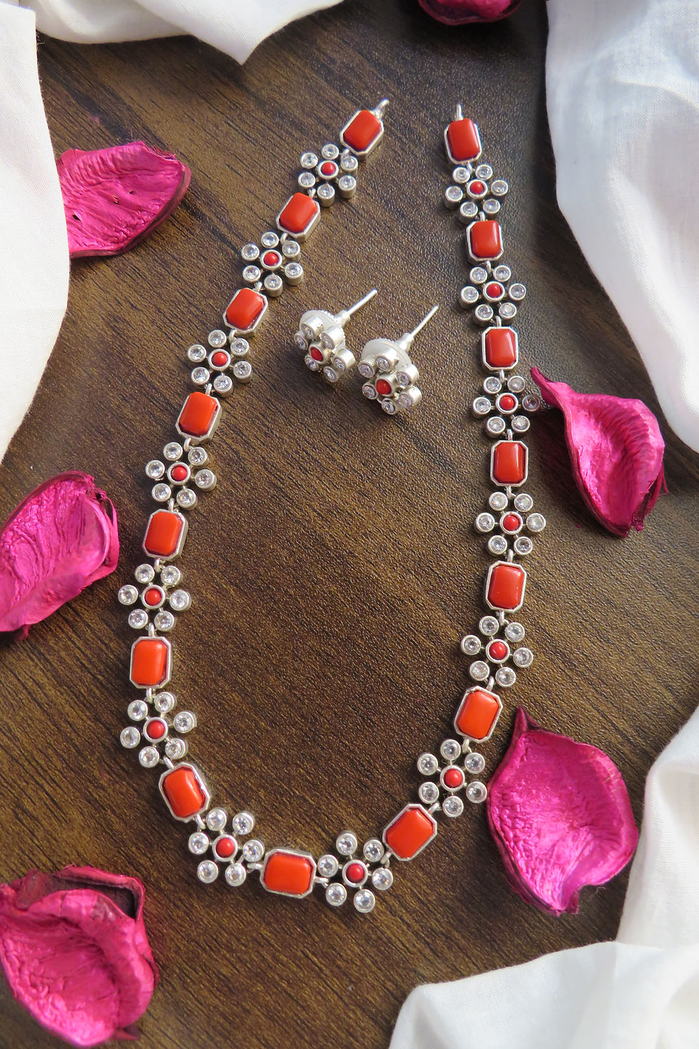 Thumbnail: Silver Square-Flower Design Necklace with matching earrings in multiple colours