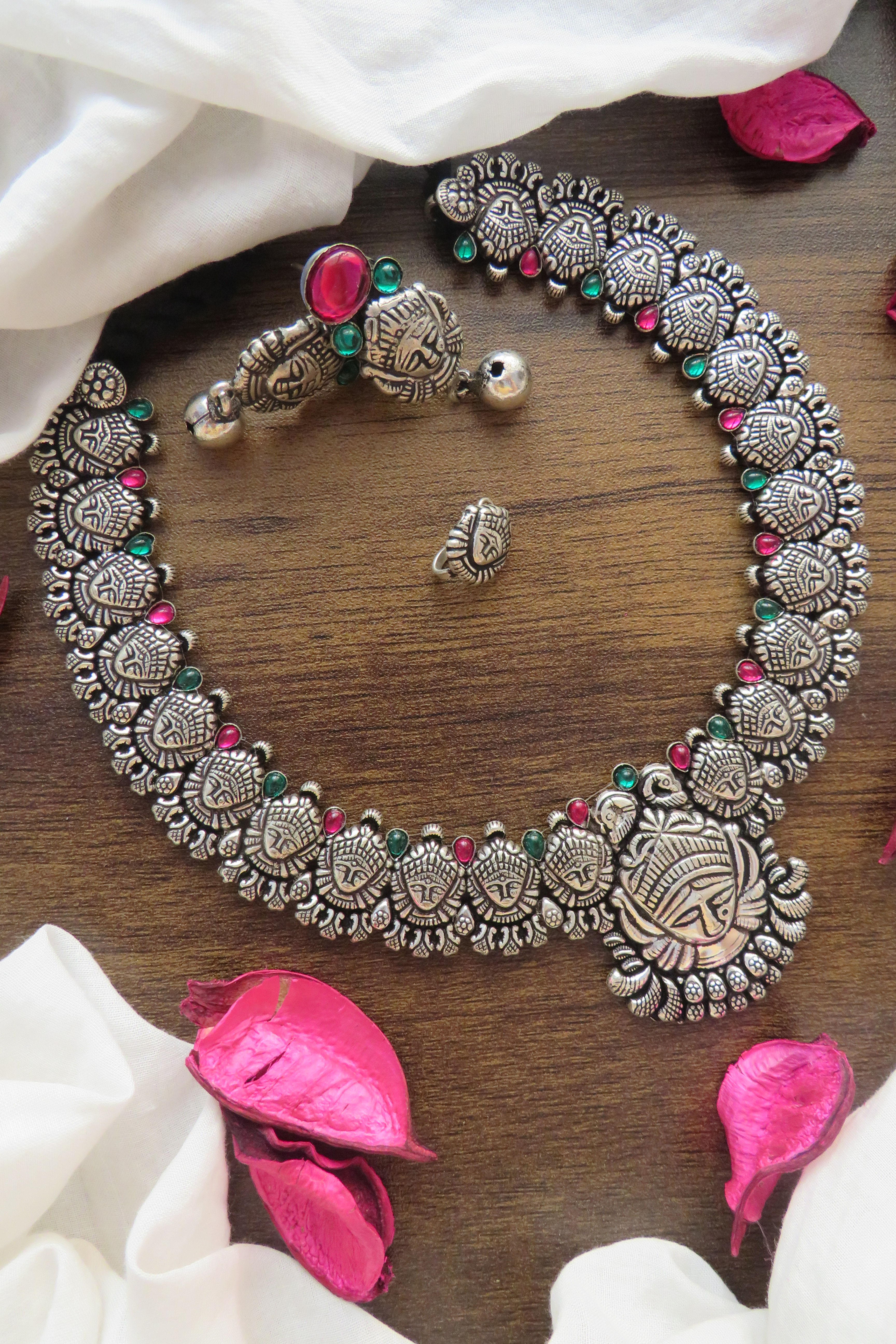 Kholapuri Ma Durga Pendant  Necklace with Matching Nosepin and  Earrings