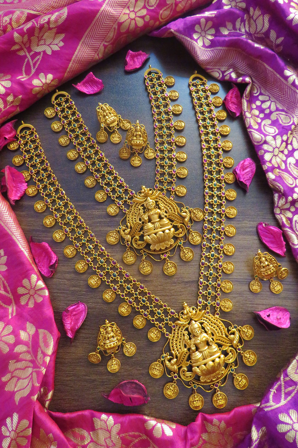 Thumbnail: Mahalakshmi Coin Long Necklace with Green & Red Stones and Matching Earrings