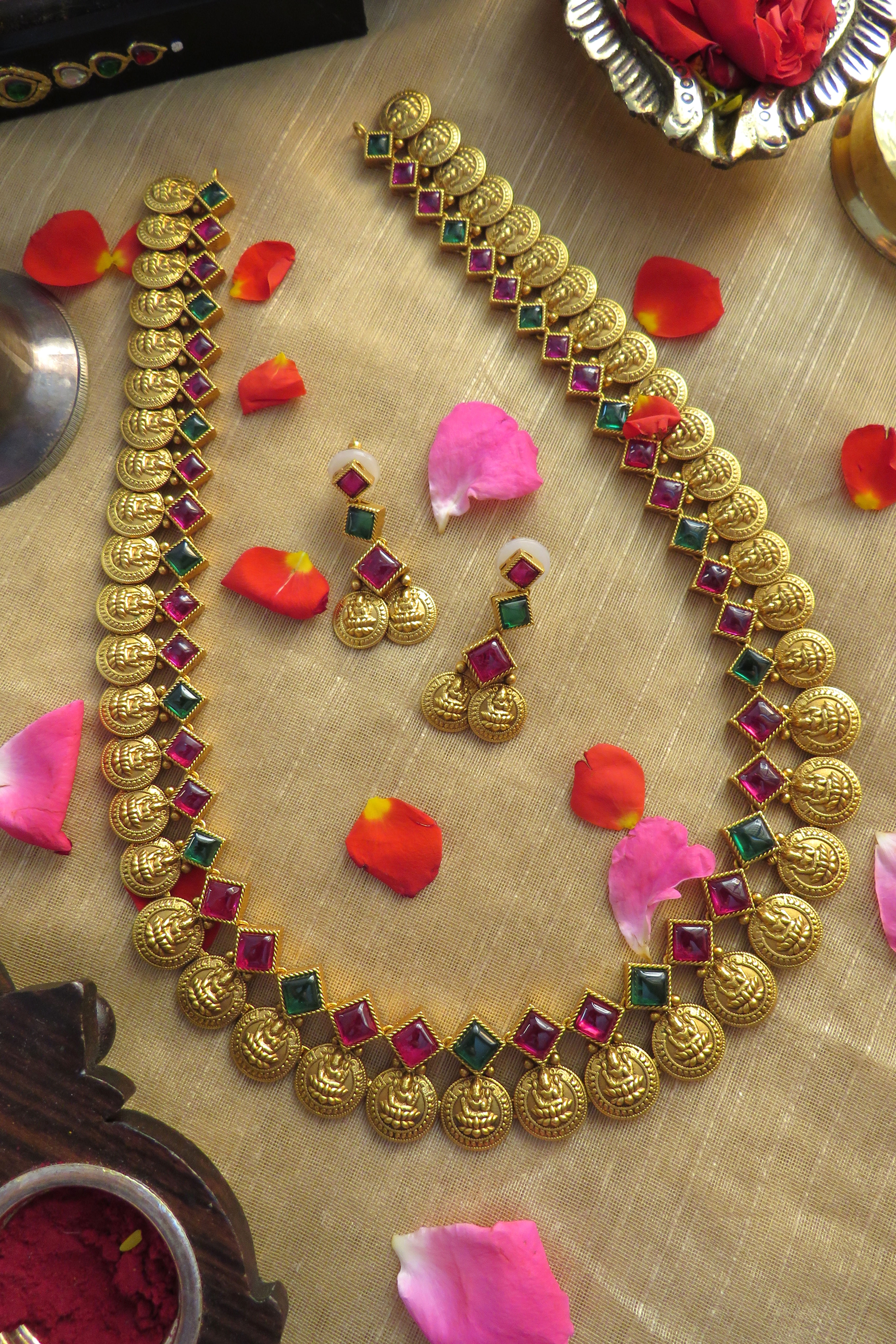 Mahalakshmi Coin with Red & Green Diamond Stone Necklace with Matching Earrings