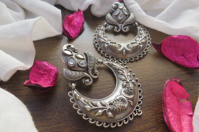 Thumbnail: Silver Look Alike Peacock Design Earrings - 2