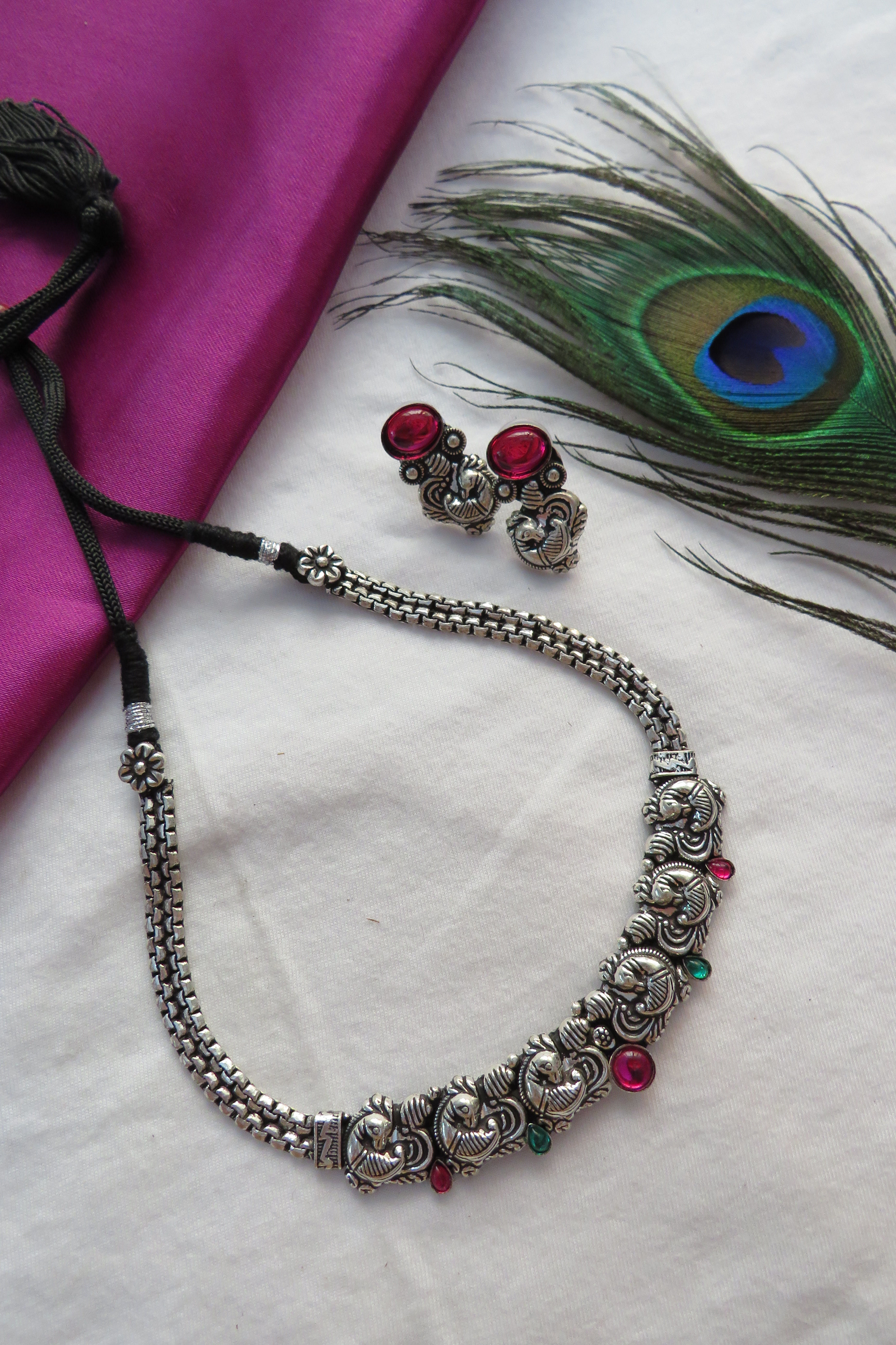 Kholapuri Simple Necklace with Peacock Motifs