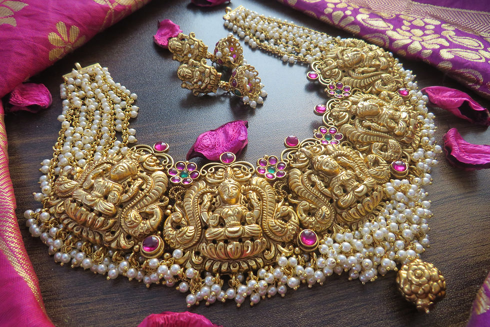 Thumbnail: Heavy Bridal Mahalakshmi Short Pearl Necklace with Matching Jhumkas