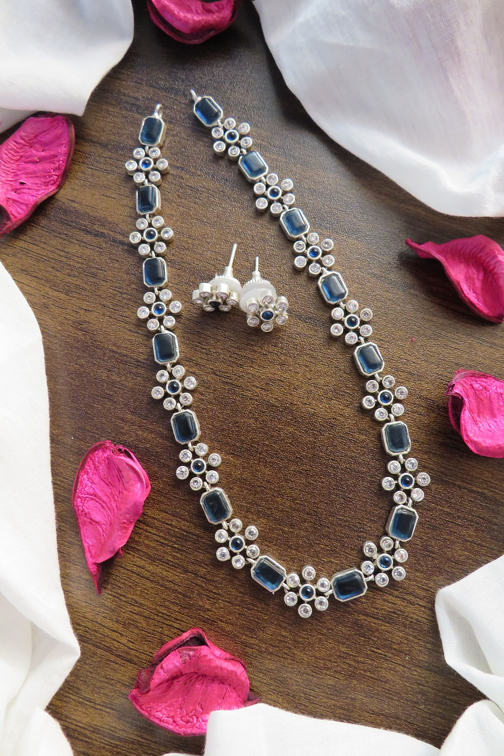 Thumbnail: Silver Square-Flower Design Necklace with matching earrings in multiple colours