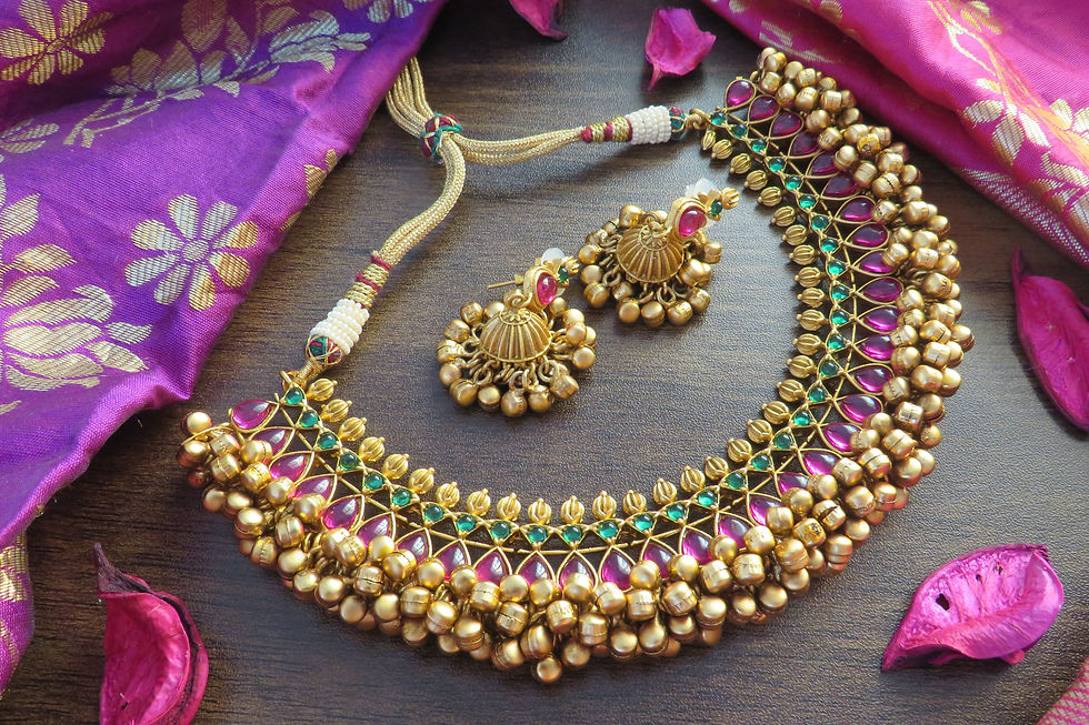 Thumbnail: Beautiful Ghungroo Design Real Kemp Stone Necklace with Matching Jhumkas