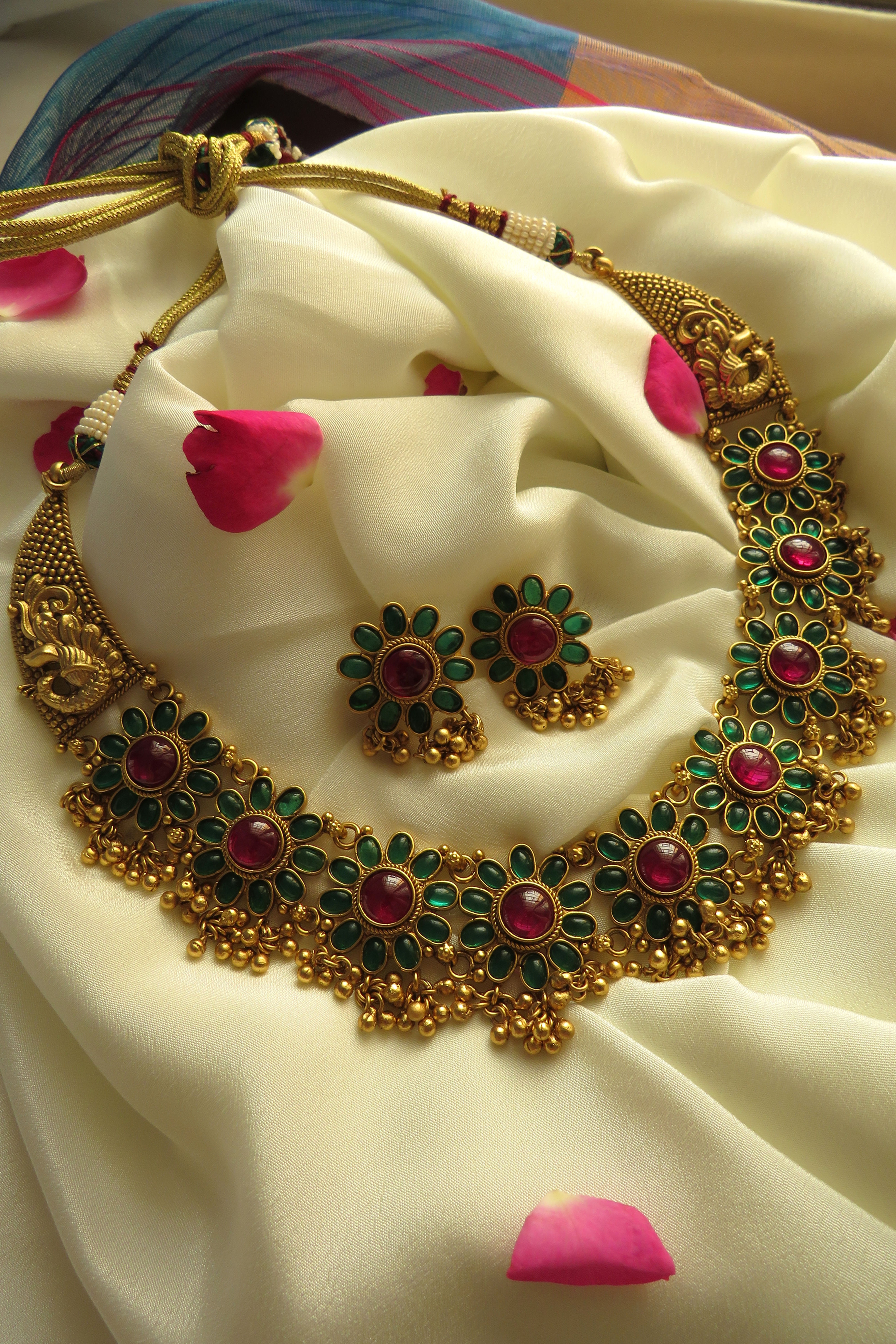 Flower & Peacock Motifs Necklace with Matching Earrings - 2 Colours