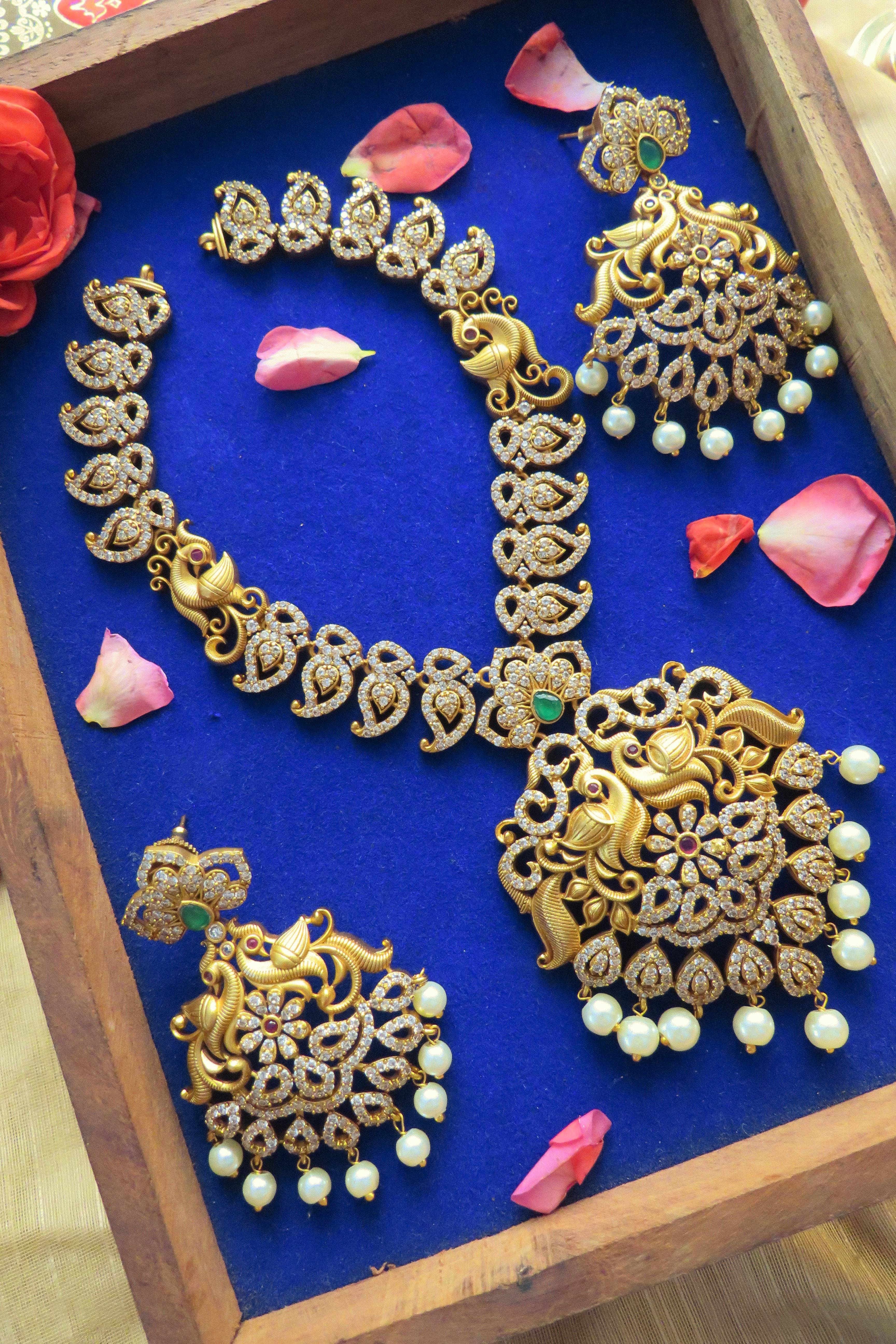 Artificial Diamonds Mango Peacock Design Necklace with Matching Earrings