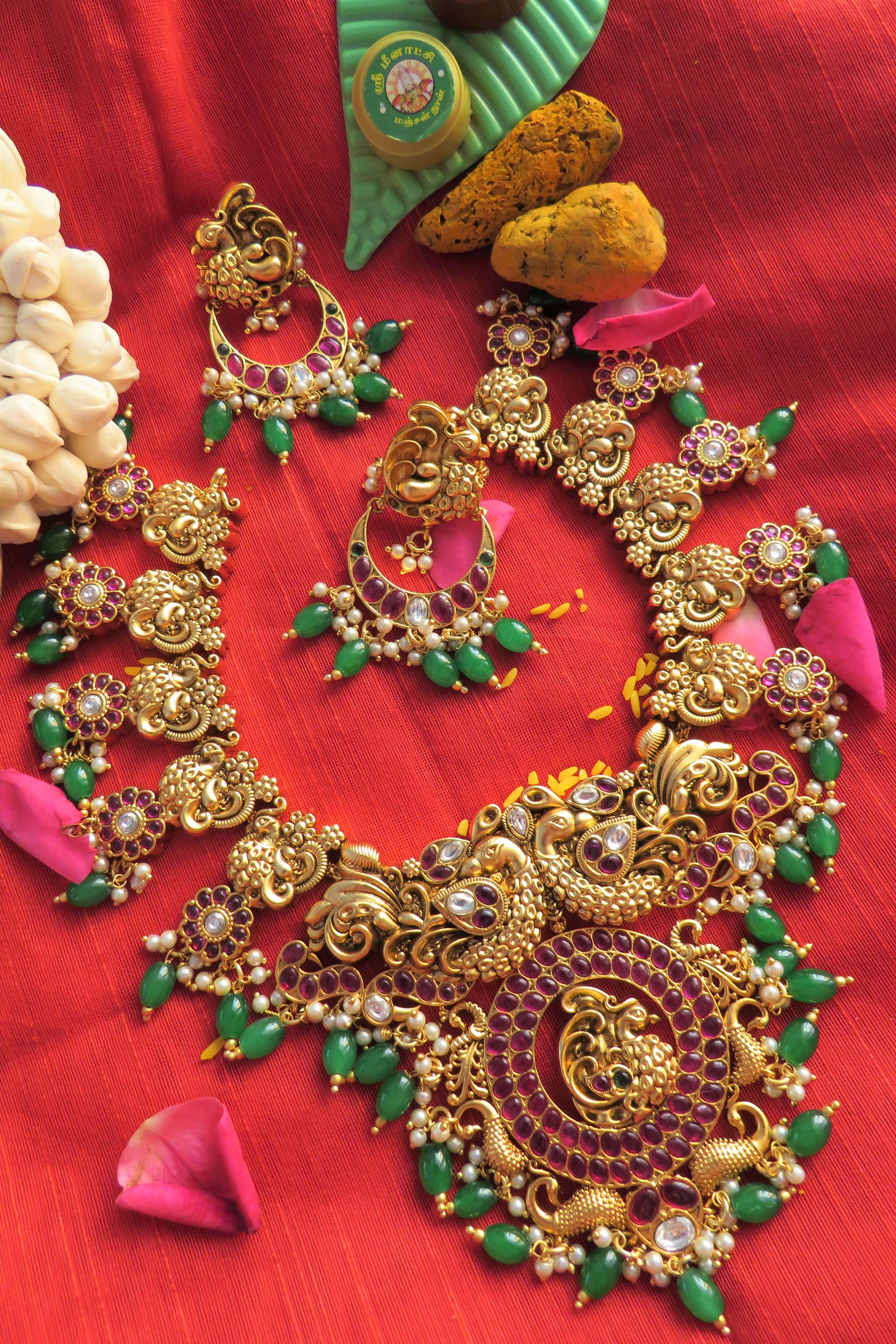 Heavy Bridal Peacock Design Necklace Set with Matching Earrings