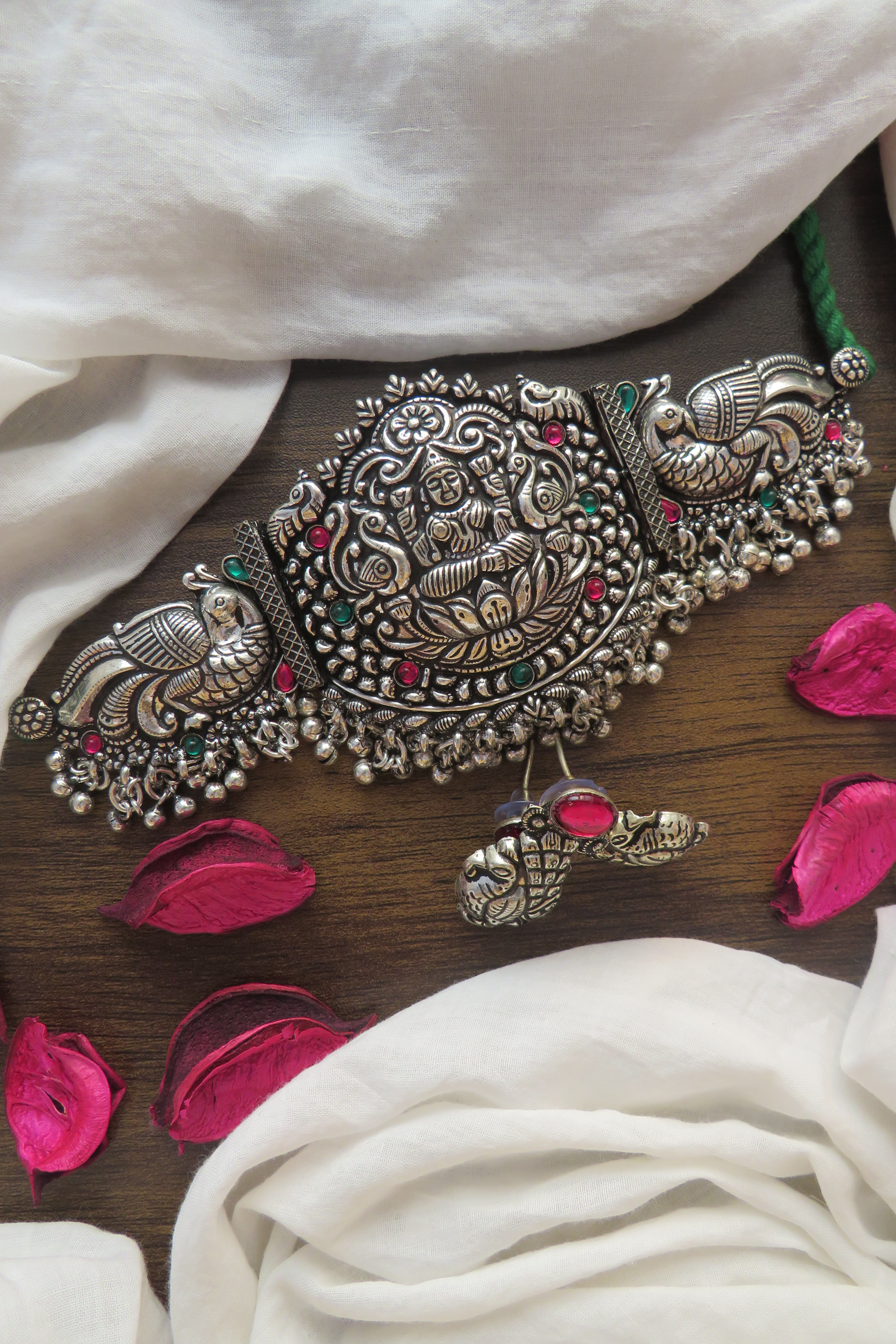 Kholapuri Lakshmi Choker with Green Thread and Matching Earrings