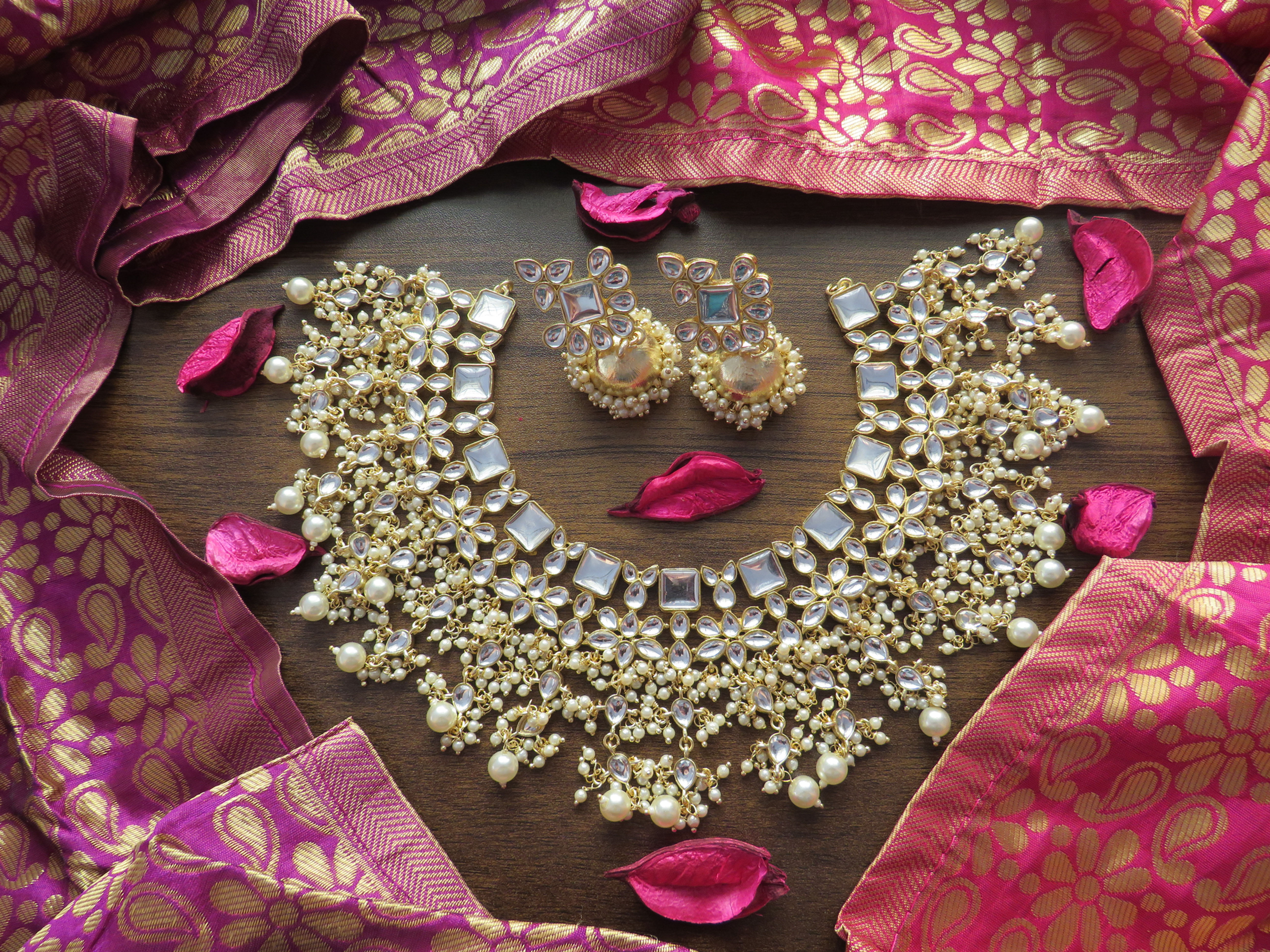 Grand Glass Work High Neck Choker Set with Matching Jhumkas