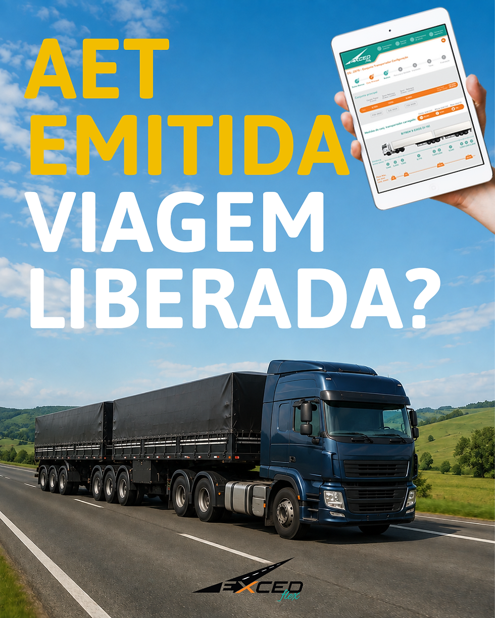 Caminhão transportando carga em rodovia durante operação planejada com AET e programação de passagem.