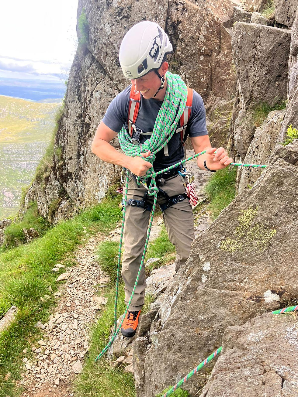 intro to mountaineering course in snowdonia, practicing direct belays on tryfan