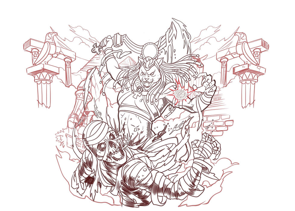 An sketch illustration of the god Sekhtet in a furious rage attacking a mummy. The sketch illustration was created by Mad Matt Design.