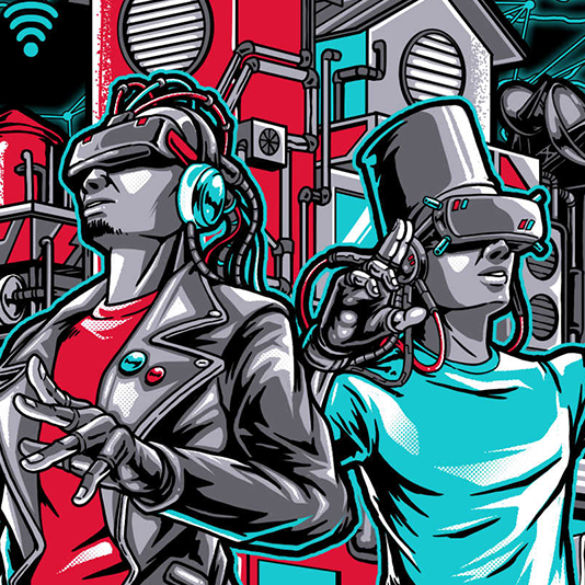 Illustration of two guys with indonesian vibes using VR and sci-fi stuff. The illustration is traditional meet cyberpunk style. This illustrtation done by Mad Matt Design.
