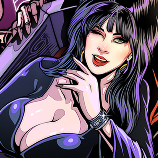 Illustration with a Halloween concept, featuring a female Dracula relaxing in a coffin, surrounded by skulls, black cats, and bats, created by Mad Matt Design.