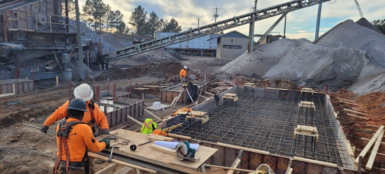Rebar installation for a rock quarry concrete foundation by Birmingham, Alabama-based Baxley General Contractors in Columbus, Georgia.