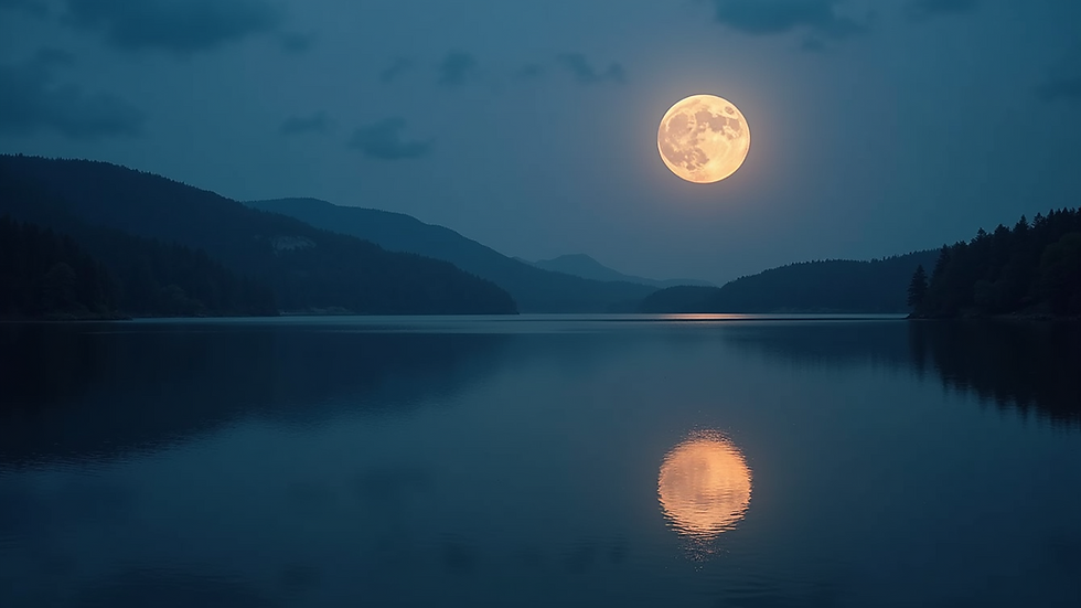 Eye-level view of a serene lake reflecting the full moon