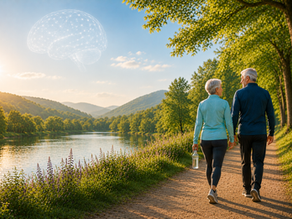 Older couple walks a riverside trail at sunset, one carrying a bottle, with a glowing brain graphic in the blue sky.