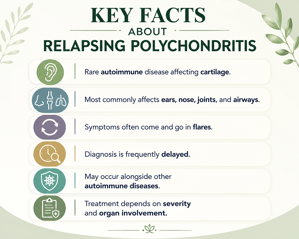Infographic titled Key Facts About Relapsing Polychondritis, listing symptoms, delayed diagnosis, flares, and treatment, in green.