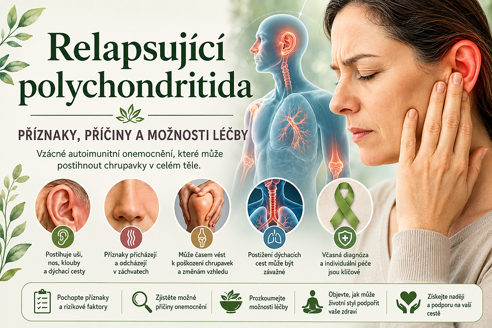 Czech infographic about relapsing polychondritis, with woman holding ear, medical body graphic, symptom icons, and green ribbon