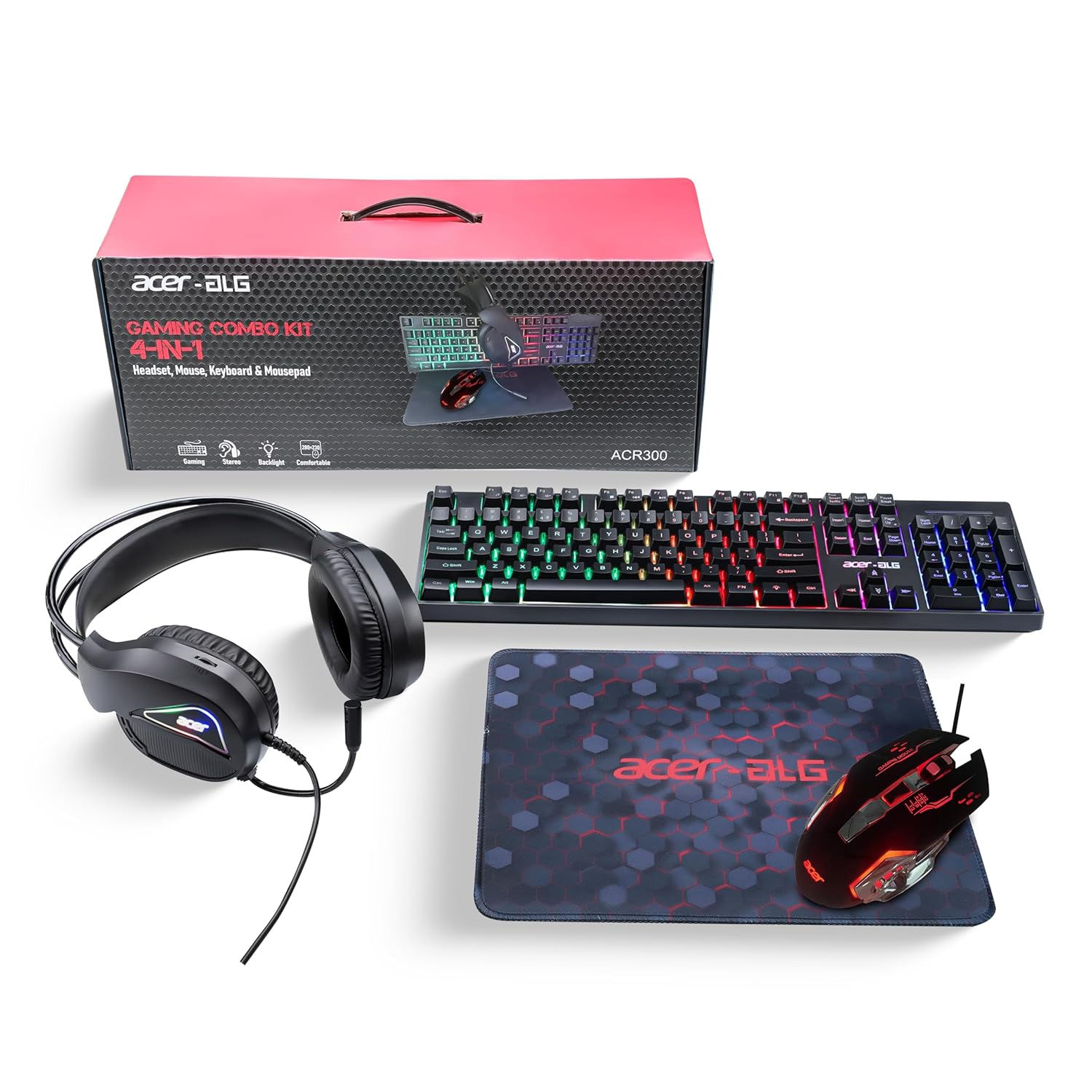 Acer 4 in 1 Wired Gaming Combo, 7 Color LED Backlit Keyboard, RGB Mouse