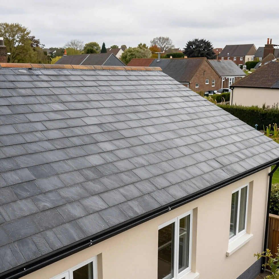 A professional roofer installing gutters on a residential property under a clear sky.