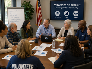 Community volunteers, advisory board members, and local government contributors collaborating to support public services and strengthen community outcomes.