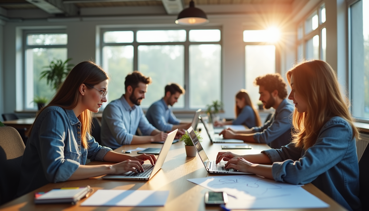 Eye-level view of a group of people collaborating in a bright workspace