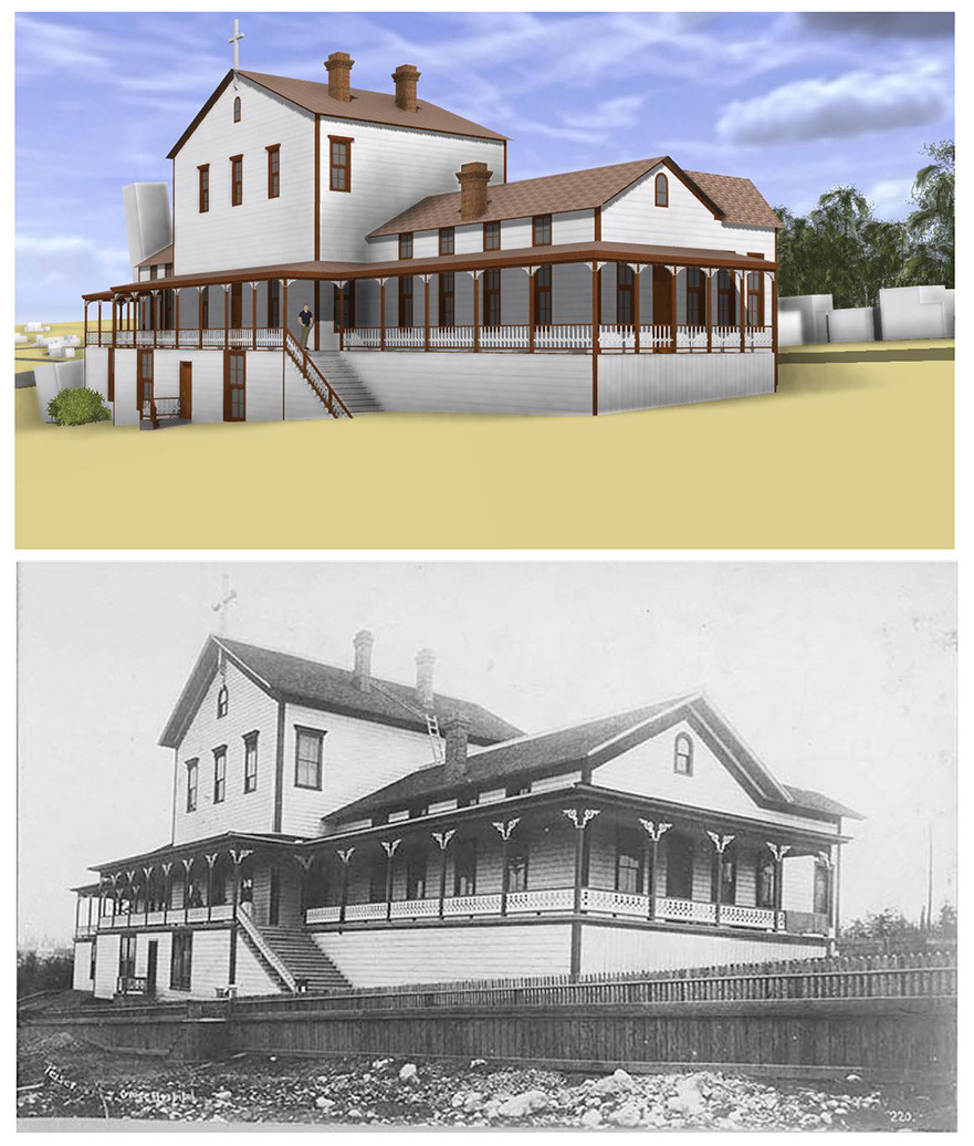 Top: Grace Hopsital Rendering by Lorn Fant. Bottom: Grace Hospital, 1893 from UW Special Collections