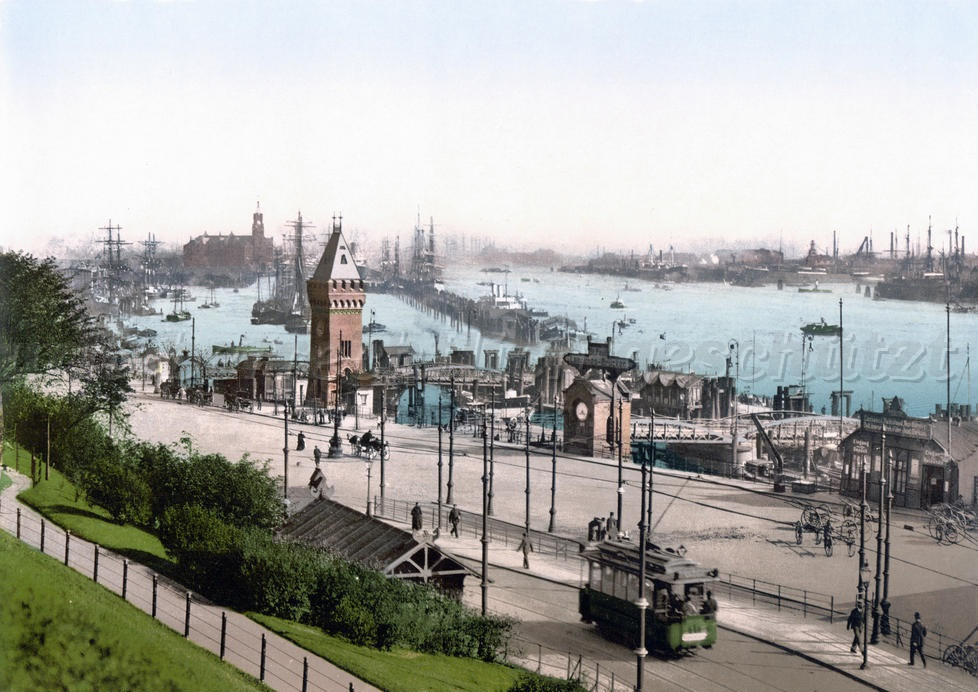 Hamburg waterfront complete with street car. Circa 1895.