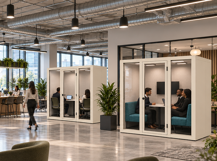 Modern office pod company solutions in a spacious workspace. Various size acoustic focus meeting and call pods