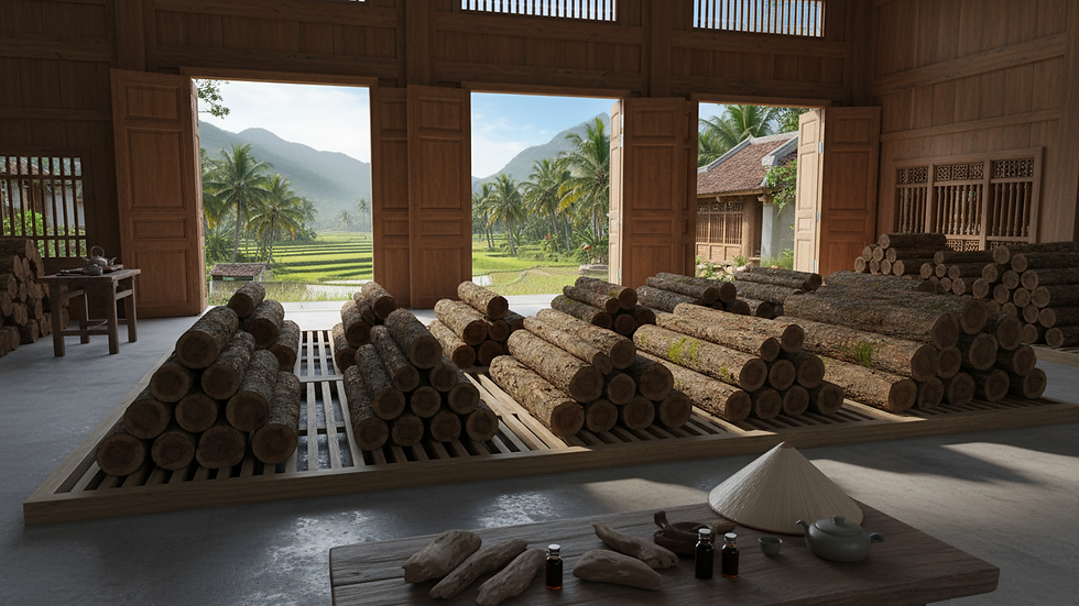 Eye-level view of agarwood logs stacked in a warehouse in Vietnam
