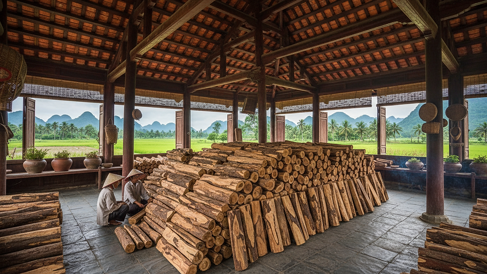 Eye-level view of Agarwood logs stacked neatly in a warehouse