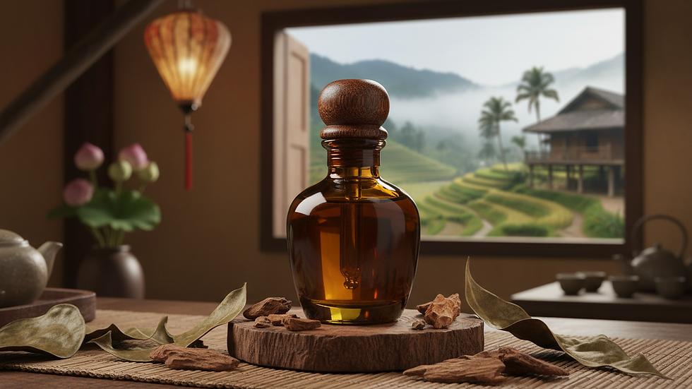 Close-up view of a dark amber bottle containing oud oil