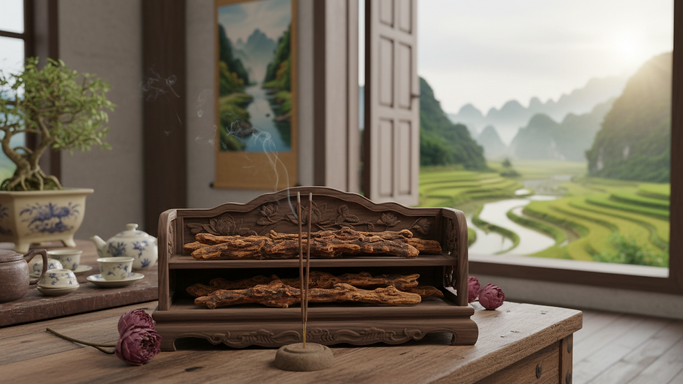 Close-up view of Agarwood incense sticks arranged in a display