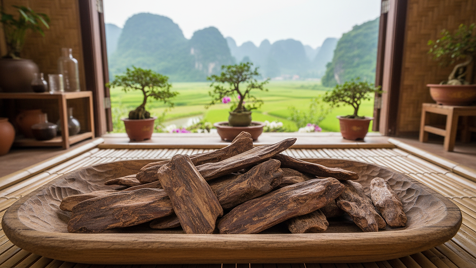 Close-up view of agarwood chips used for oud oil extraction