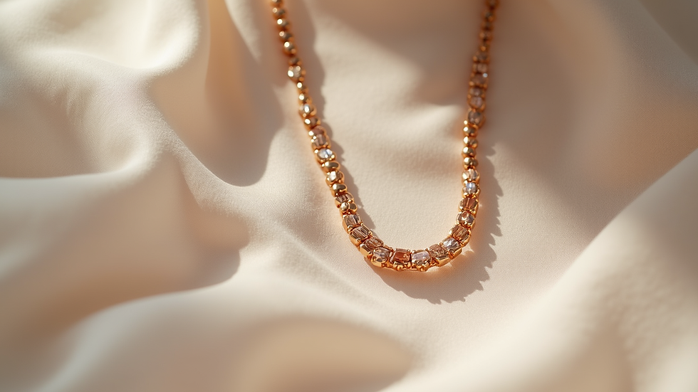 Close-up view of a delicate necklace on a soft fabric background