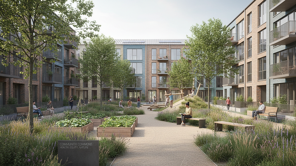 Eye-level view of a community park surrounded by urban housing