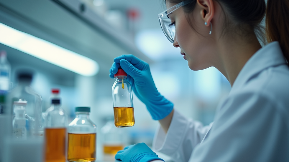 Close-up of a laboratory technician testing health supplements in a modern lab