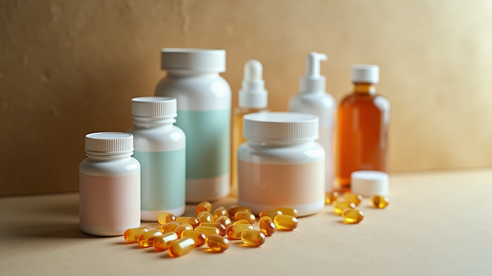 High angle view of a variety of health supplement bottles arranged neatly